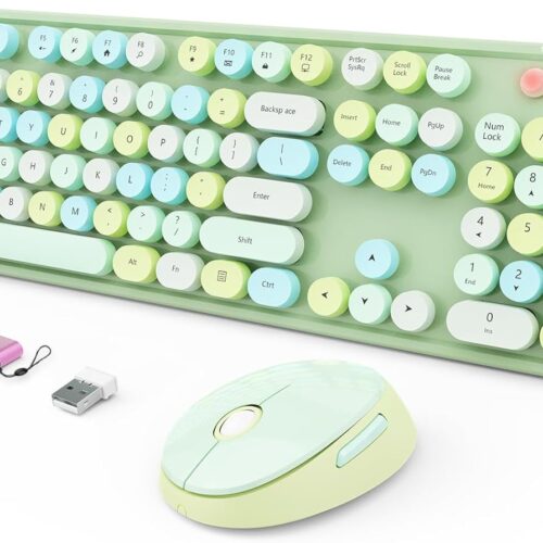 1 Wireless Keyboard and Mouse Combo, Ergonomic Full Size Typewriter Retro Round Keycaps Keyboard, Compatible with Windows, PC, Perfer for Home and Office Keyboards (Green