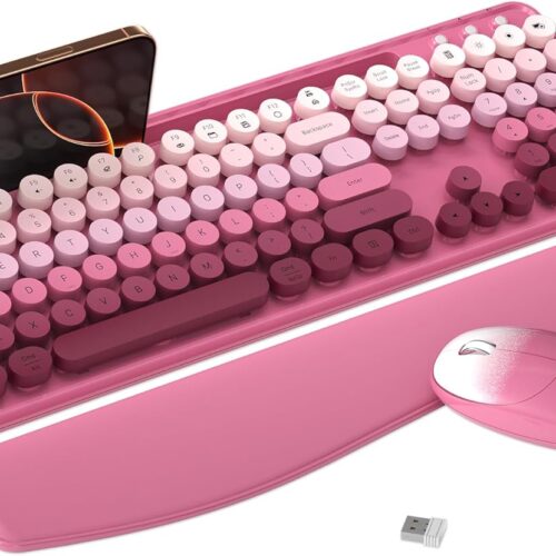 Colorful Wireless Computer Keyboard and Mouse Combo with Phone Holder, Wrist Rest, Typewriter Keys, 2.4GHz Wireless, Full-Sized Optical Mouse for PC and Laptop(Rose-Red Colorful)