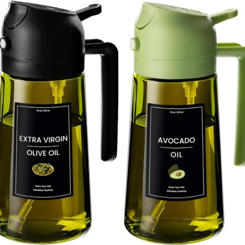 1 16oz/470ml Olive Oil Dispenser for Kitchen with Stickers - 2 in 1 Olive Oil Sprayer for Cooking, Air Fryer, and Salad, Black&Green (Light-Proof Kitchen Gadget)