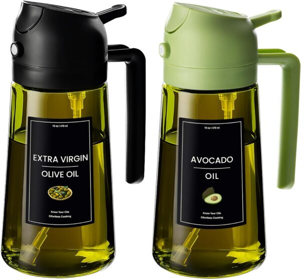 16oz/470ml Olive Oil Dispenser for Kitchen with Stickers - 2 in 1 Olive Oil Sprayer for Cooking, Air Fryer, and Salad, Black&Green (Light-Proof Kitchen Gadget) 1