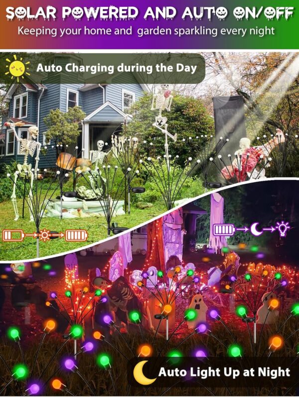 6 Pack Halloween Decorations Outdoor Solar Pathway Lights, Solar Firefly Lights Orange Purple and Green, Sway by Wind, Waterproof Solar Halloween Lights for Patio Garden Yard Lawn Horror Party Decor 4