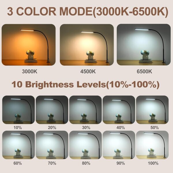 Led Desk Lamp for Home Office, Eye-Caring Desk Light with Clamp, Clip on Light for Reading, 3 Modes 10 Brightness, Flexible Gooseneck, Memory Function, Study, Work, Draw, Black 4