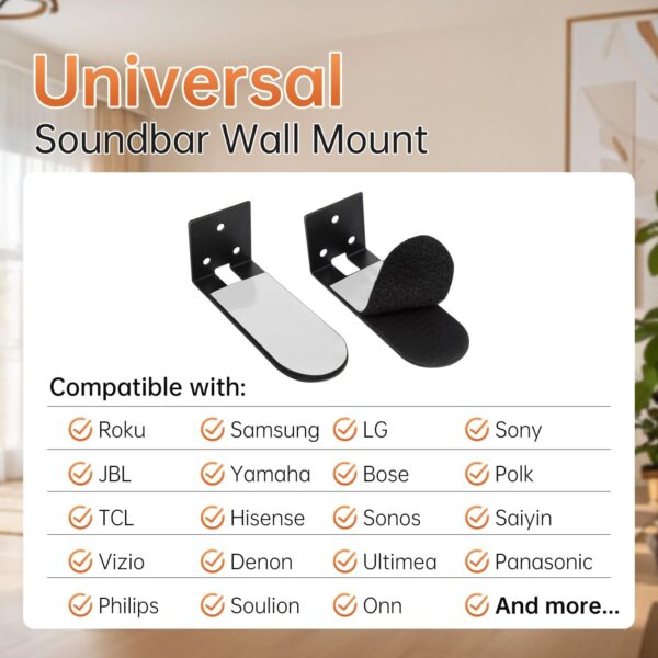Haoyou Soundbar Wall Mount Bracket for Samsung, Sony, Bose, VIZIO, Assistrust, LG, Roku and More Sound Bars, with Adhesive Backed Velcro for Stabilized Mounting Under The TV Hold Up to 36 Lbs 4 Wall Mount