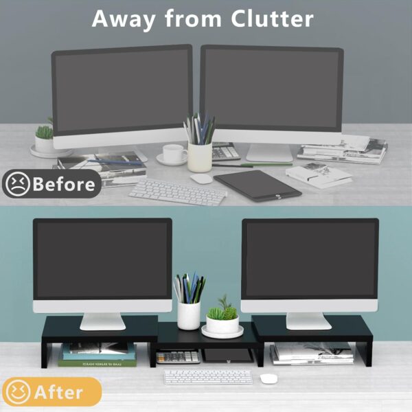 Dual Monitor Stand Riser Office Desktop Organizer Stand for 2 Monitors, Adjustable Length and Angle 3 Shelf, Extra Long Multifunctional Stand up to 43.3" fit Computer, Laptop, TV, Black (Copy) 2 Dual Monitor