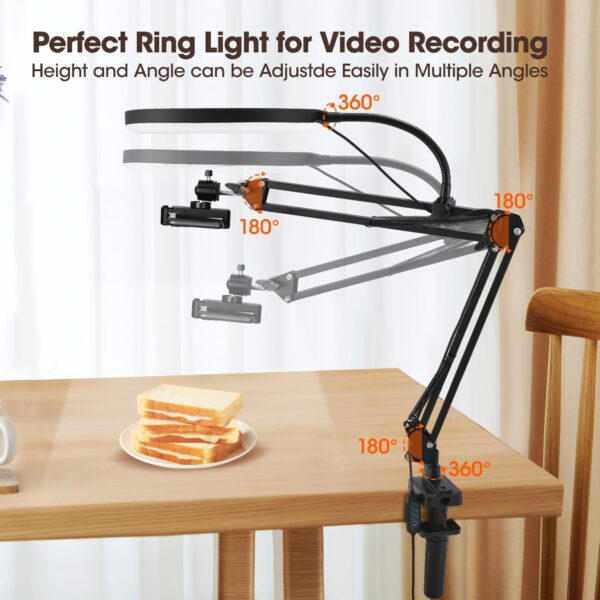 Overhead Camera Mount with 10" Selfie Ring Light,Adjustable Phone Arm Stand, Desk Tripod Holder Content Creator Lighting Kit with Remote for iPhone Filming,Video Recording,Tiktok,YouTube 4