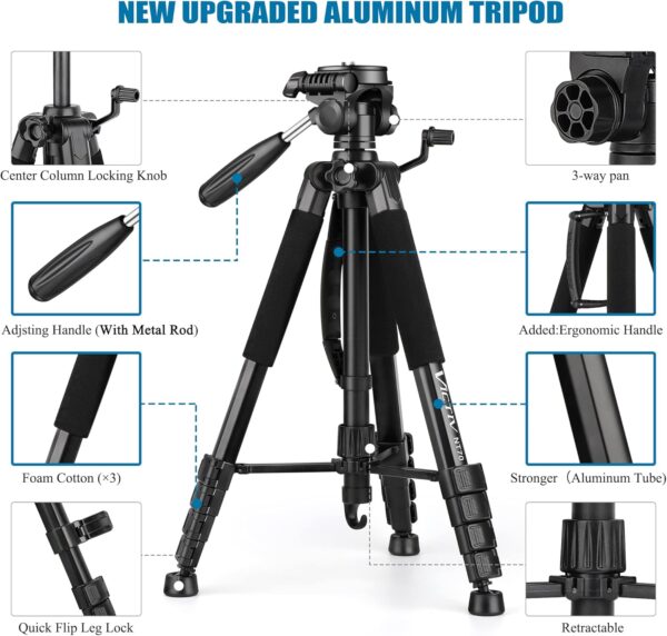 74” Camera Tripod, Tripod for Camera and Phone, Aluminum Professional Tripod Stand for Canon Nikon with Carry Bag and Phone Holder, Compatible with DSLR, iPhone, Spotting Scopes, Max Load 9.5Lb 3