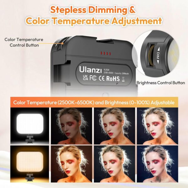 VL100X Selfie Light, Clip LED Light Panel for Phone/Laptop/Tablet/Computer, Bi-Color Portable Clip Camera Light with Dimmable 2500-6500K with 2000mAh Battery for Video Conference/Picture 2 Selfie Light