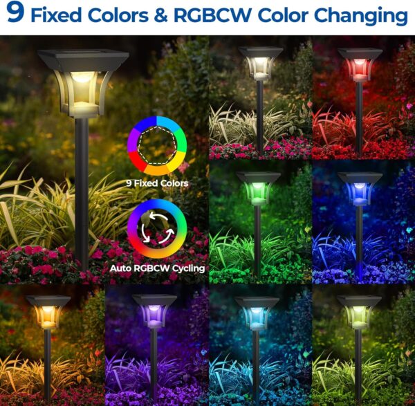 12 Pack RGBCW Solar Pathway Outdoor Lights, 3 Lighting Modes Solar LED Garden Lights, IP65 Waterproof Outside Solar Powered Landscape Lighting for Planter Lawn Pool Balcony RGB/Warm/Cold White 4