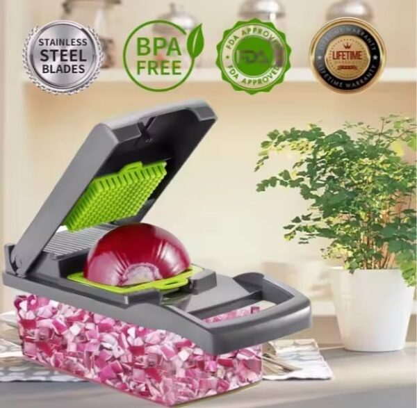 Vegetable Chopper and Slicer, 15-in-1 Manual Food Dicer with Container, Stainless Steel Blades, Gray and Green 4