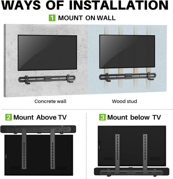 Universal Soundbar Mount Sound Bar Mounting Bracket to TV, Soundbar Wall Mount Fits 3 Options with Hole/Without 4