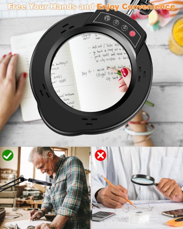 10X Magnifying Glass with Light, 5 Color Modes Stepless Dimmable LED Desk Lamp, Hands Free Lighted Magnifying Glass for Close Work Reading Craft Hobby 3