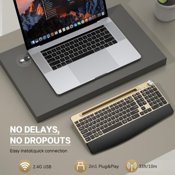 Ergonomic Wireless Keyboard with Wrist Rest-Low-Profile,Phone/Tablet Holder,Quiet Design,Windows & Mac OS,Full Size Cordless USB Computer Keyboard for Desktop,Laptop, PC, Mac, Windows-Gold 4