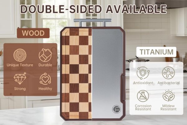Titanium Cutting Board with Knife Sharpener, Pure Titanium & Wood Cutting Boards for Kitchen, Double Sided Checkerboard Chopping Board with Handle & Stand, 16.7”×10.4” 4