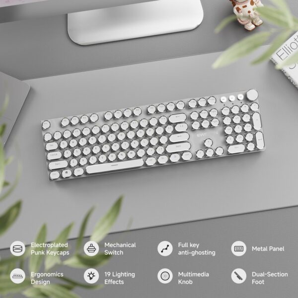 Typewriter Style Mechanical Keyboard, Wired Typewriter Keyboards,104 Keys Backlit LED Metal Keyboards, Media Control Knob, Wired Computer Keyboard White Switch for Windows/Mac/PC-White 4
