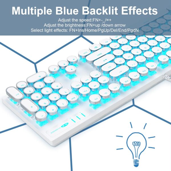Typewriter Style Mechanical Gaming Keyboard, White Retro Punk Gaming Keyboard with Blue Backlit, 104 Keys Blue Switch Wired Cute Keyboards, Round Keycaps for Windows/Mac/PC 4