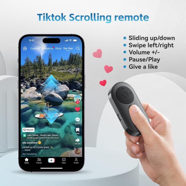 Wireless Camera Remote with Zoom/Camera Switch for Photo and Vlogging Compatible with iOS & Android Smartphone, Bluetooth Video Scrolling for Tiktok, Rechargeable Page Turner for E-Book APPS 2