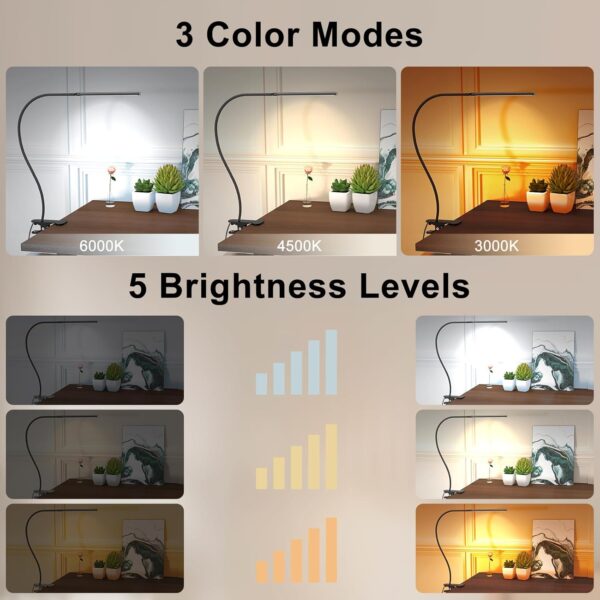 Desk Lamp with Remote, 3 Color & 5 Brightness & 77LED Dimmable Reading Lamp, 27.6'' Flexible Gooseneck Clamp Lamp, Eye-Caring Clip on Light with Adapter for Reading Study Workbench Drafting 2