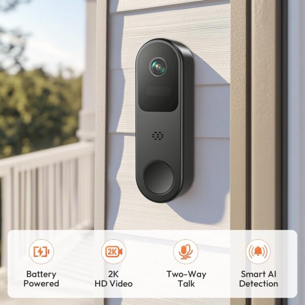 2K HD Battery Doorbell Camera Wireless with Ring Chime, Smart Video Doorbell with Two-Way Talk, Secure Cloud Storage, AI Detection and Instant Alerts, Night Vision, Compatible with Alexa 2