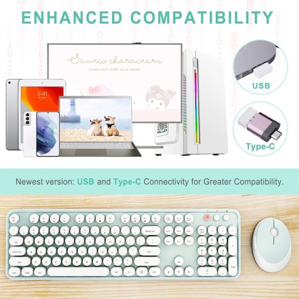 Wireless Keyboard and Mouse Combo, Ergonomic Full Size Typewriter Retro Round Keycaps Keyboard, Compatible with Windows, PC, Perfer for Home and Office Keyboards(Green) 4