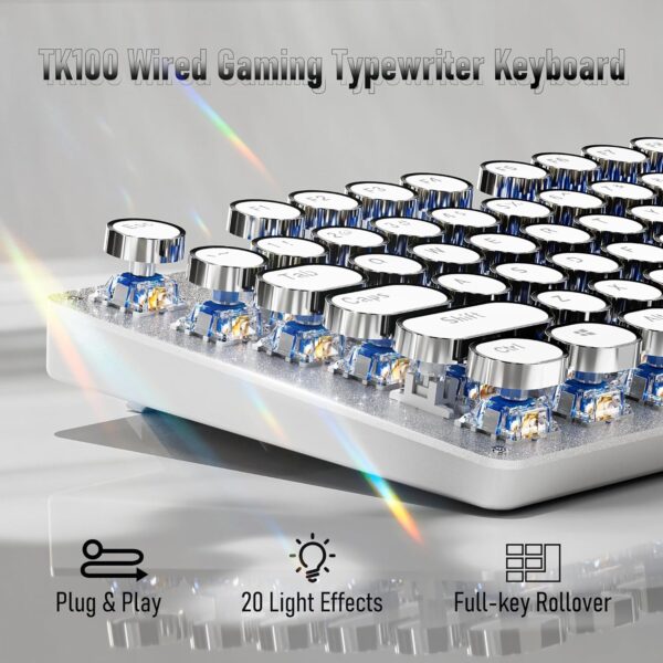 TK100 Typewriter Style Wired Mechanical Keyboard, 104 Keys Aesthetic Typewriter Keyboard with White Backlit, Anti-Ghosting, Blue Switch Wired Cute Keyboards-White 4