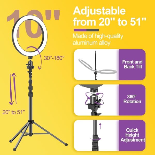 10" Ring Light with 55" Extendable Tripod Stands and Phone Holder, Dimmable LED Circle Round Light for Selfie Camera Photography/Makeup/YouTube Video/Vlogging/Live Streaming 4