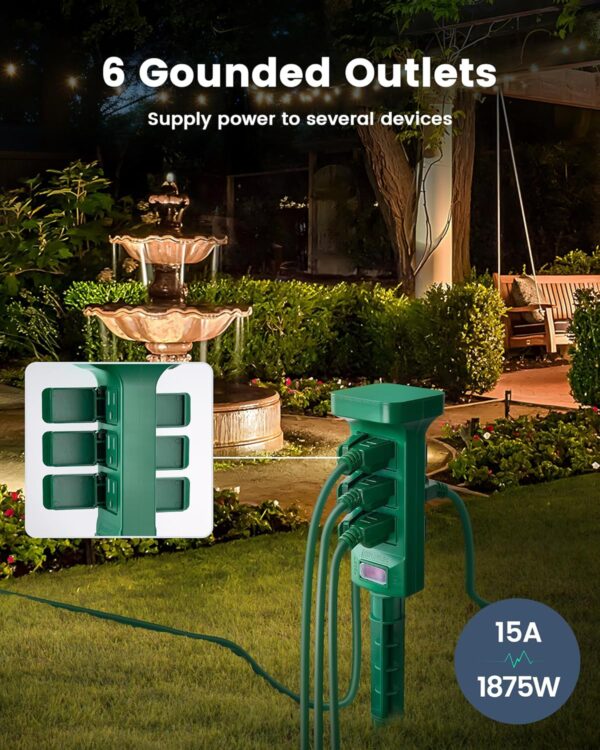 Outdoor Power Stake Waterproof, 6 Grounded Outlets Power Strip Weatherproof, 6FT Extension Cord Outlet for Yard, Garden, Christmas Light, Patio Lights, 1875W/15A, Green 4
