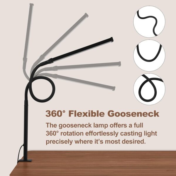 Led Desk Lamp for Home Office, Eye-Caring Desk Light with Clamp, Clip on Light for Reading, 3 Modes 10 Brightness, Flexible Gooseneck, Memory Function, Study, Work, Draw, Black 3