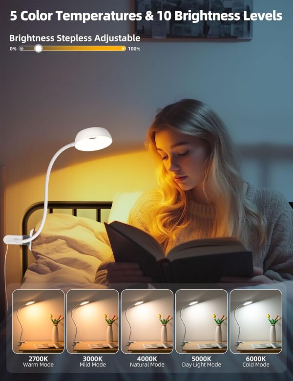 【Clip on Lamp】 10-Level Dimming & 5 Color Modes LED Book Light, Flexible Gooseneck Reading Light for Beds, Desks, Headboards - Eye-Friendly Night Light for Kids/Adults (White) 3 Book Light