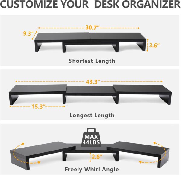 Dual Monitor Stand Riser Office Desktop Organizer Stand for 2 Monitors, Adjustable Length and Angle 3 Shelf, Extra Long Multifunctional Stand up to 43.3" fit Computer, Laptop, TV, Black (Copy) 3 Dual Monitor