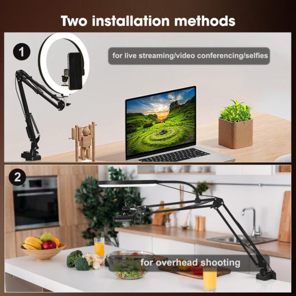 Overhead Camera Mount with 10" Selfie Ring Light,Adjustable Phone Arm Stand, Desk Tripod Holder Content Creator Lighting Kit with Remote for iPhone Filming,Video Recording,Tiktok,YouTube 3