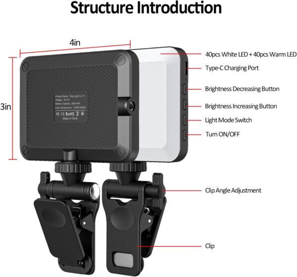 Rechargeable Selfie Light, Clip Fill Light for Phone Laptop Tablet Portable Light for Video Conference Live Streaming Zoom Call Makeup Picture (Black) 3 Selfie Light