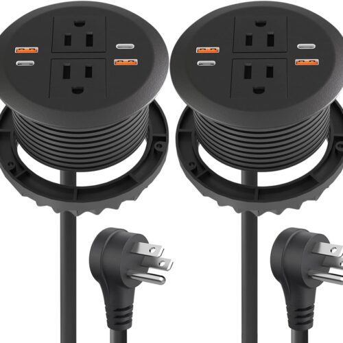 3 2pcs Desktop Power Grommet,Dual PD20W USB C,40W Total Output,4 USB Ports,Flush Mounted for 3-1/8" Desk Grommet Holes,Round Recessed Outlet,ETL-Certified,Flat Plug,6.4 ft,Black