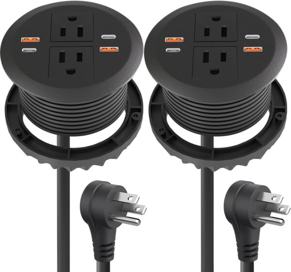2pcs Desktop Power Grommet,Dual PD20W USB C,40W Total Output,4 USB Ports,Flush Mounted for 3-1/8" Desk Grommet Holes,Round Recessed Outlet,ETL-Certified,Flat Plug,6.4 ft,Black 1