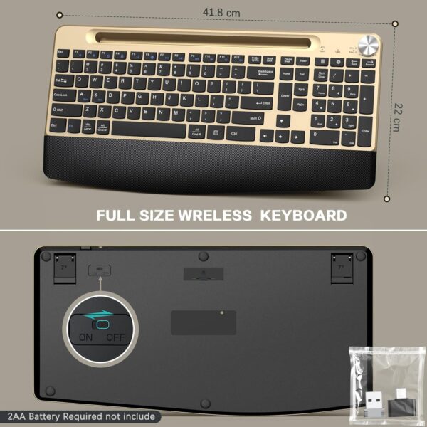 Ergonomic Wireless Keyboard with Wrist Rest-Low-Profile,Phone/Tablet Holder,Quiet Design,Windows & Mac OS,Full Size Cordless USB Computer Keyboard for Desktop,Laptop, PC, Mac, Windows-Gold 3