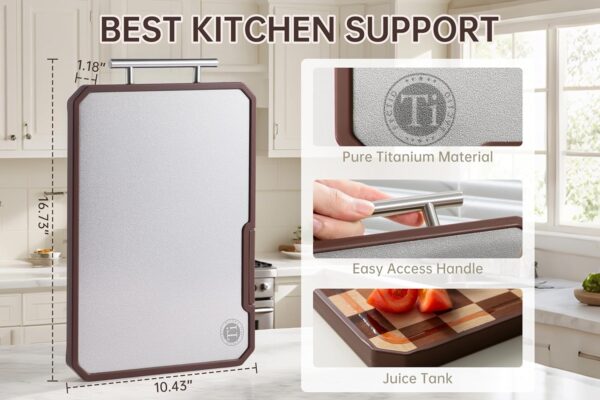 Titanium Cutting Board with Knife Sharpener, Pure Titanium & Wood Cutting Boards for Kitchen, Double Sided Checkerboard Chopping Board with Handle & Stand, 16.7”×10.4” 3