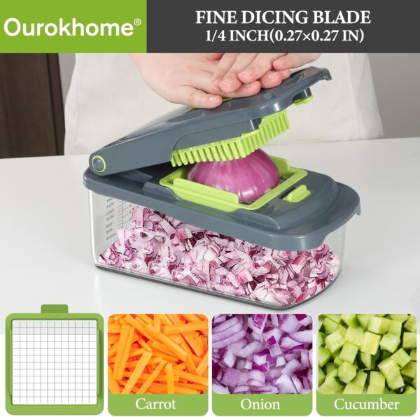 Vegetable Chopper Cutter with Container, Manual Hand Food Veggie Dicer with 2 Chopping Blades for Potato Strips, Onion Cubers, Carrot Sticks, Essential Kitchen Gadgets (2 in 1, Gray) 3