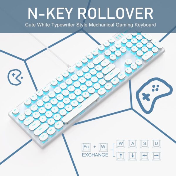 Typewriter Style Mechanical Gaming Keyboard, White Retro Punk Gaming Keyboard with Blue Backlit, 104 Keys Blue Switch Wired Cute Keyboards, Round Keycaps for Windows/Mac/PC 3