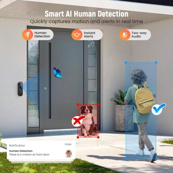 Smart Video Doorbell Camera Wireless, AI Human Detection and Instant Alerts, Night Vision, 2-Way Audio, Battery Powered, Cloud Storage Sold Seperately, 2.4G WiFi (Chime Included) 3