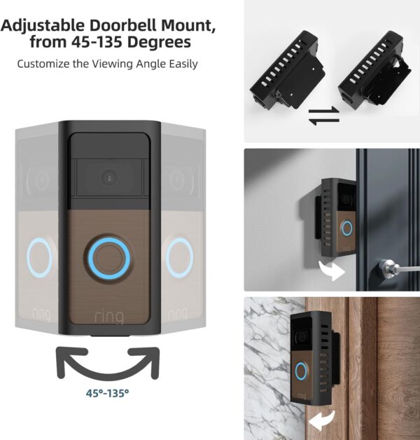 Anti-Theft Ring Doorbell Mount, Adjustable Angle Mount Kit (45-135 Degrees) Compatible with Ring Battery Video Doorbell 2/3/4/Pro (2024 Release), Door Bell Holder Mounting Bracket No Block Sensor 3