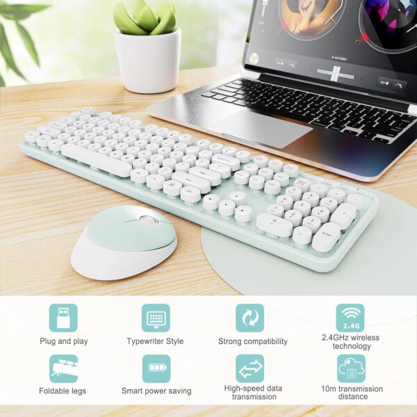 Wireless Keyboard and Mouse Combo, Ergonomic Full Size Typewriter Retro Round Keycaps Keyboard, Compatible with Windows, PC, Perfer for Home and Office Keyboards(Green) 3