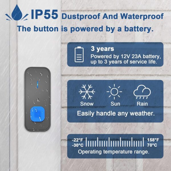 Wireless Doorbell,Waterproof Doorbell Chime Operating at 1300 Feet Loud Door Bell Kit with 55 Melodies 5 Volume Levels LED Flash Doorbells for Home- Black (1 Button + 1 Receiver) 3