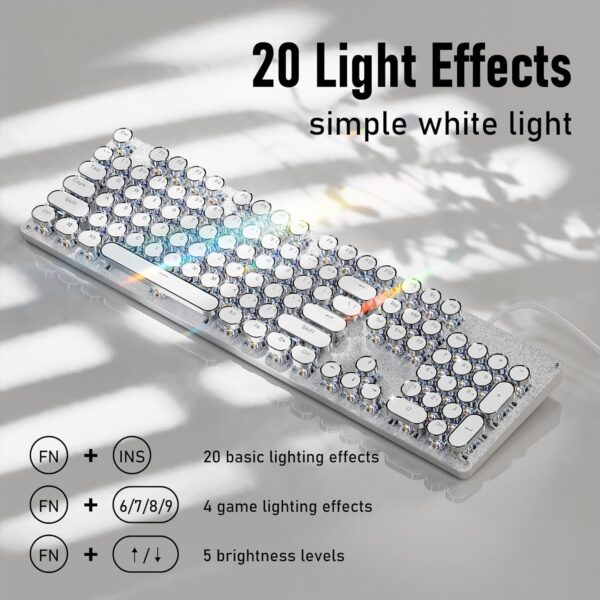 TK100 Typewriter Style Wired Mechanical Keyboard, 104 Keys Aesthetic Typewriter Keyboard with White Backlit, Anti-Ghosting, Blue Switch Wired Cute Keyboards-White 3