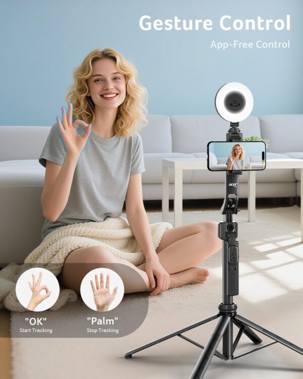 Auto Face Tracking Tripod for iPhone/Cell Phone/Android/Camera with Light and Remote, 64", No App, 360°Rotating Tripod Selfie Stick for Tiktok YouTube Vlog Live Streaming Video Recording 3