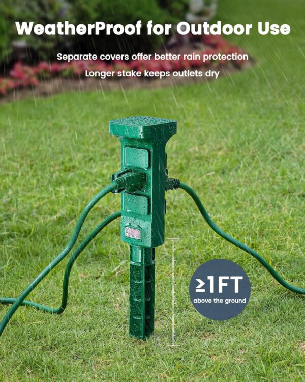 Outdoor Power Stake Waterproof, 6 Grounded Outlets Power Strip Weatherproof, 6FT Extension Cord Outlet for Yard, Garden, Christmas Light, Patio Lights, 1875W/15A, Green 3