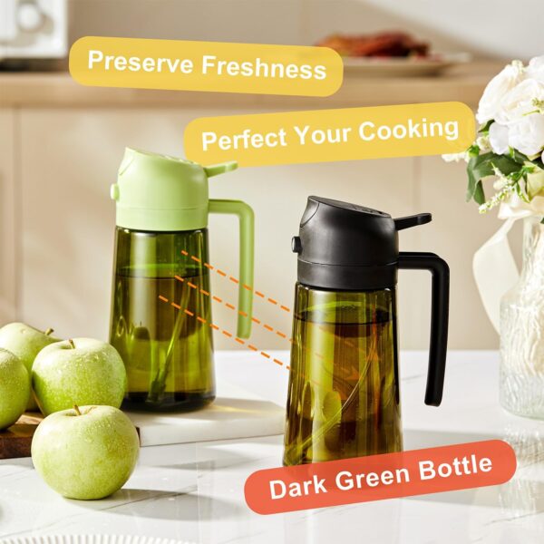 16oz/470ml Olive Oil Dispenser for Kitchen with Stickers - 2 in 1 Olive Oil Sprayer for Cooking, Air Fryer, and Salad, Black&Green (Light-Proof Kitchen Gadget) 3