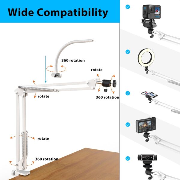 White Overhead Camera Mount with Ring Light, Desk Flexible Articulating Phone Arm Stand Compatible with iPhone, Content Creator Essentials for YouTube Live Stream Cooking Nail Video Recording 2