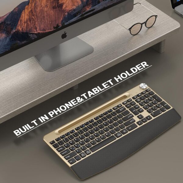 Ergonomic Wireless Keyboard with Wrist Rest-Low-Profile,Phone/Tablet Holder,Quiet Design,Windows & Mac OS,Full Size Cordless USB Computer Keyboard for Desktop,Laptop, PC, Mac, Windows-Gold 2