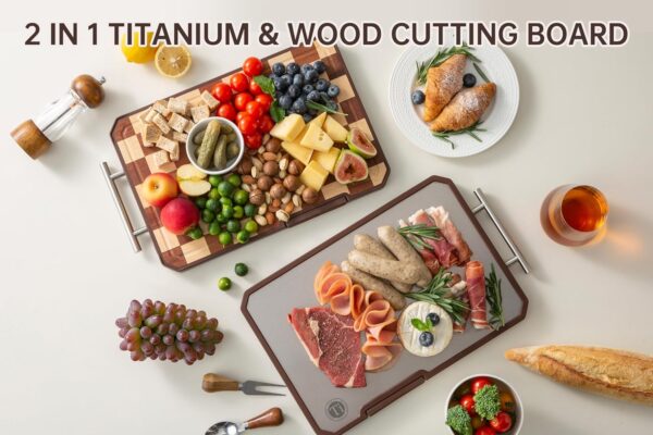 Titanium Cutting Board with Knife Sharpener, Pure Titanium & Wood Cutting Boards for Kitchen, Double Sided Checkerboard Chopping Board with Handle & Stand, 16.7”×10.4” 2