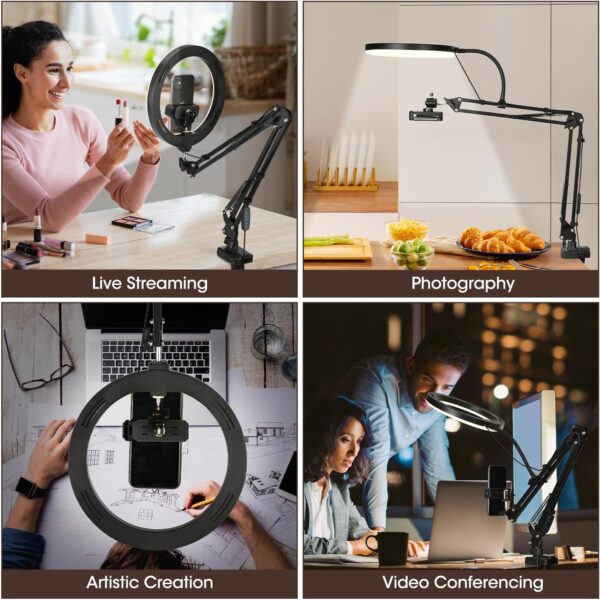 Overhead Camera Mount with 10" Selfie Ring Light,Adjustable Phone Arm Stand, Desk Tripod Holder Content Creator Lighting Kit with Remote for iPhone Filming,Video Recording,Tiktok,YouTube 2