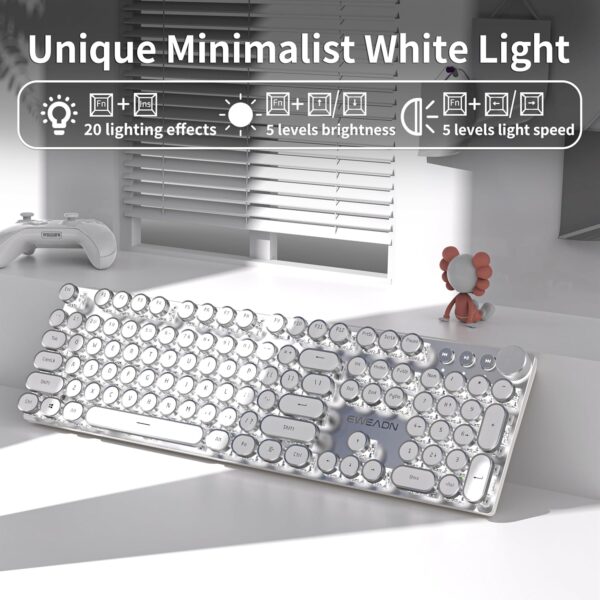 Typewriter Style Mechanical Keyboard, Wired Typewriter Keyboards,104 Keys Backlit LED Metal Keyboards, Media Control Knob, Wired Computer Keyboard White Switch for Windows/Mac/PC-White 2